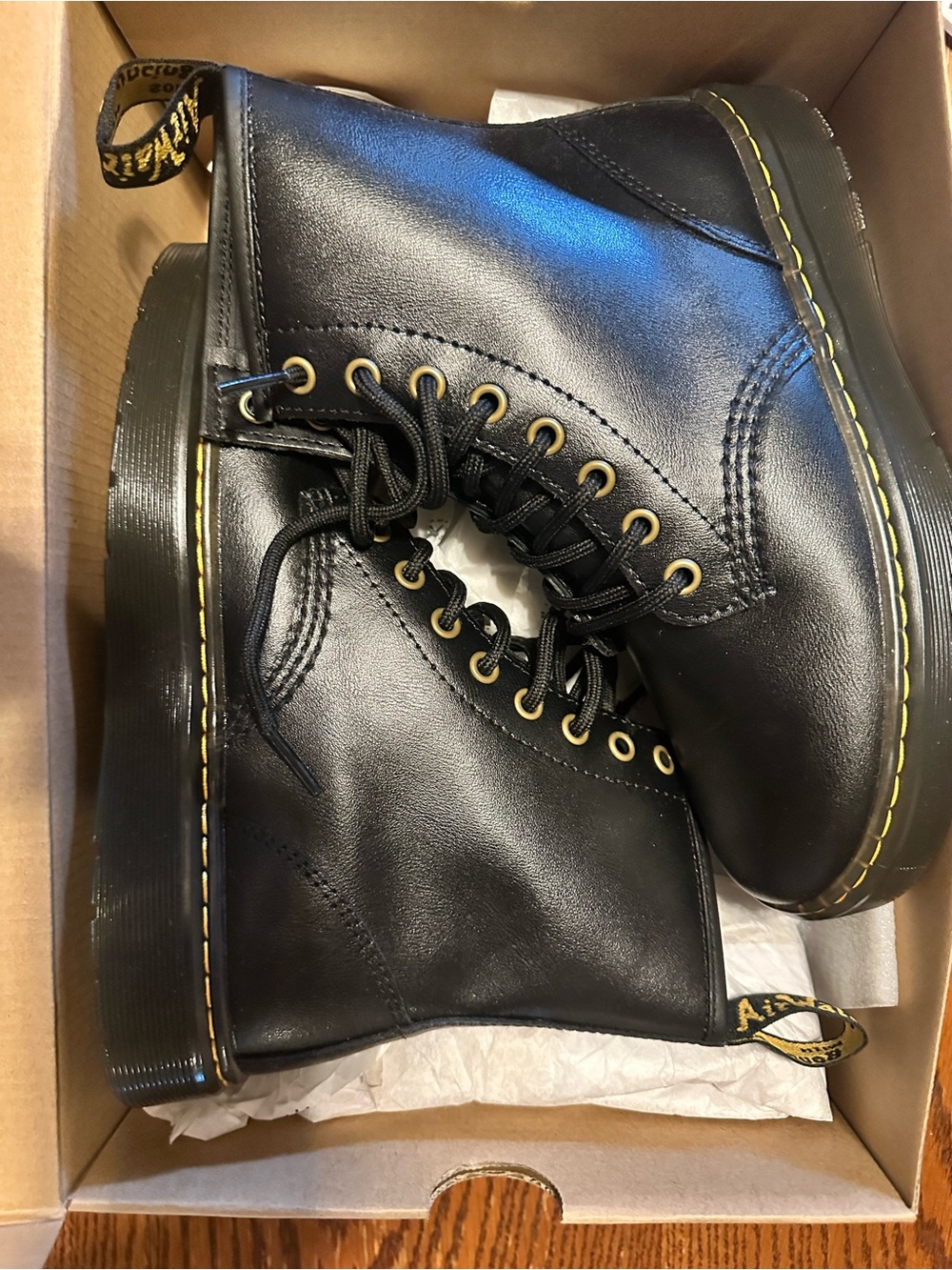 Dr. Martens Black Leather Lace-Up Combat Boots with Yellow Stitching